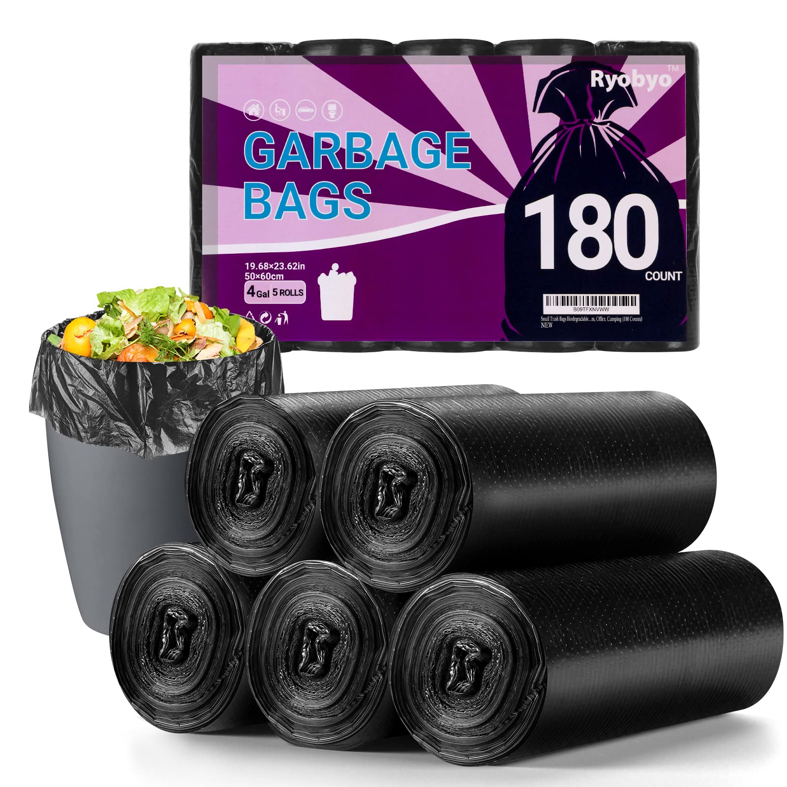 Ryobyo Ultra Thick 4 Gallon Black Small Trash Bags - Unscented Privacy Protection Garbage Bags for Kitchen, Bathroom, Bedroom, Office & Camping (180 Counts) - Perfect for Home, Travel and Small Space Waste Disposal