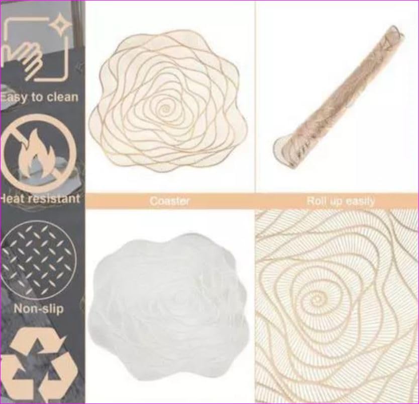 BALLEY Rose Flower Pattern Round Rose-Shaped Plastic Table Mat - Gold Transparent Placemat for Dining & Kitchen Table Decor, Perfect for Parties, Weddings, and Home Decor