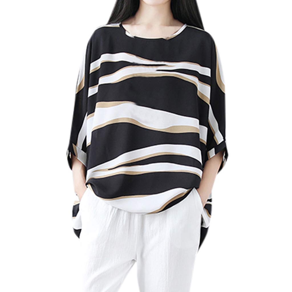Amiley Women's Black & White Striped Cotton Linen Blouse - Loose Fit Short Sleeve O-Neck Top (Size Large) - Perfect for Casual Wear, Office Outfits & Summer Fashion