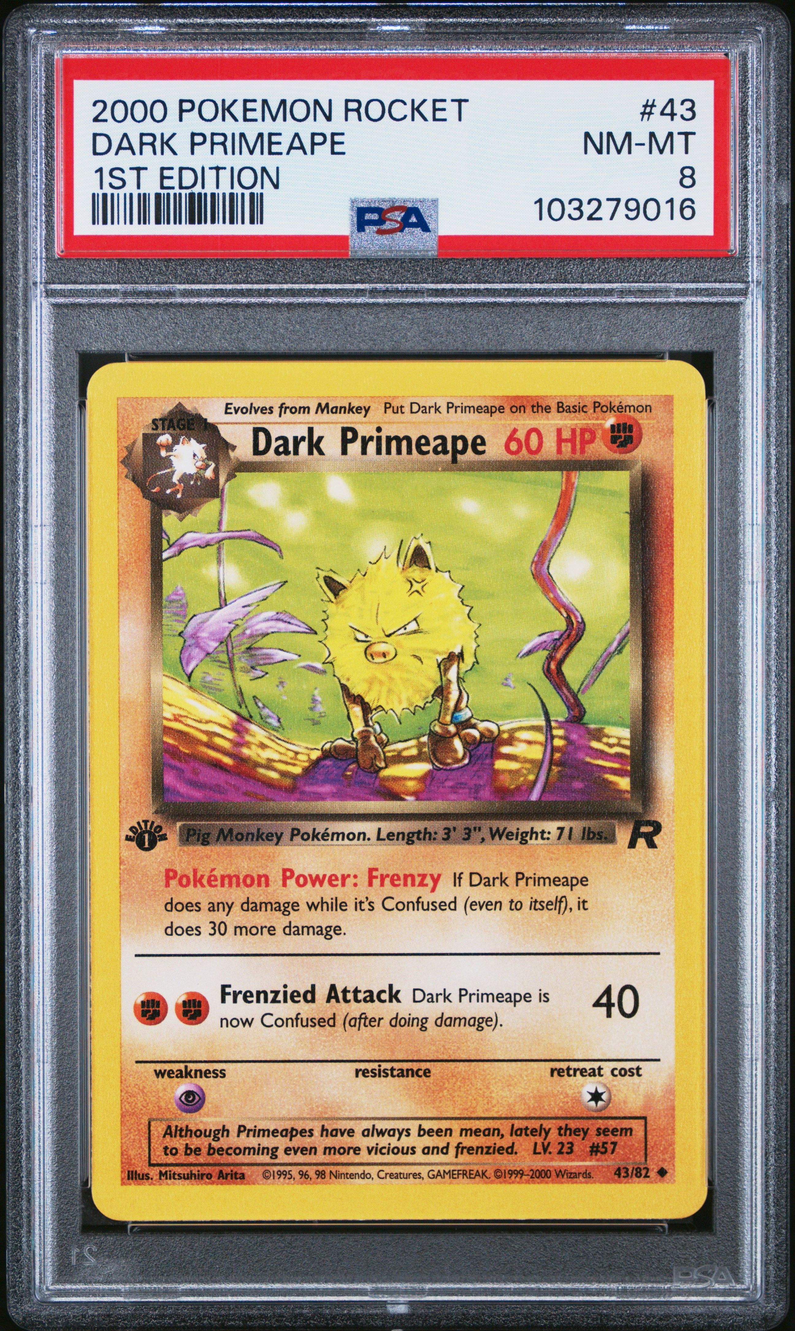 2000 Pokemon Rocket 1st Edition Dark Primeape 43/82 PSA 8 Graded Trading Card - Rare Collectible for Pokemon TCG Fans & Gaming Enthusiasts (Perfect for Display, Investment & Competitive Play)