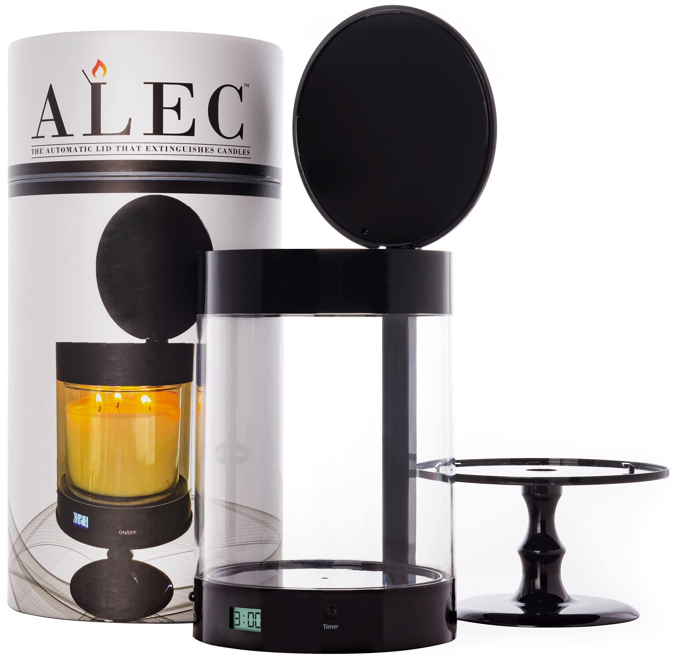 ALEC Clear Hurricane Automatic Candle Holder & Extinguisher with Rechargeable Timer Lid & Stand - Large Black Pillar Candle Holder for Votive Candles | Elegant Home Decor for Dining Table Centerpiece, Wedding Reception, and Romantic Dinner Setting