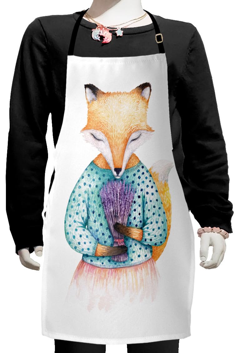 Ambesonne Fox Lavender Bouquet Cartoon Apron - Adjustable Ties Baking & Painting Apron for Adults - Small Size Beige Blue Violet - Perfect for Kitchen, Art Classes & DIY Crafts