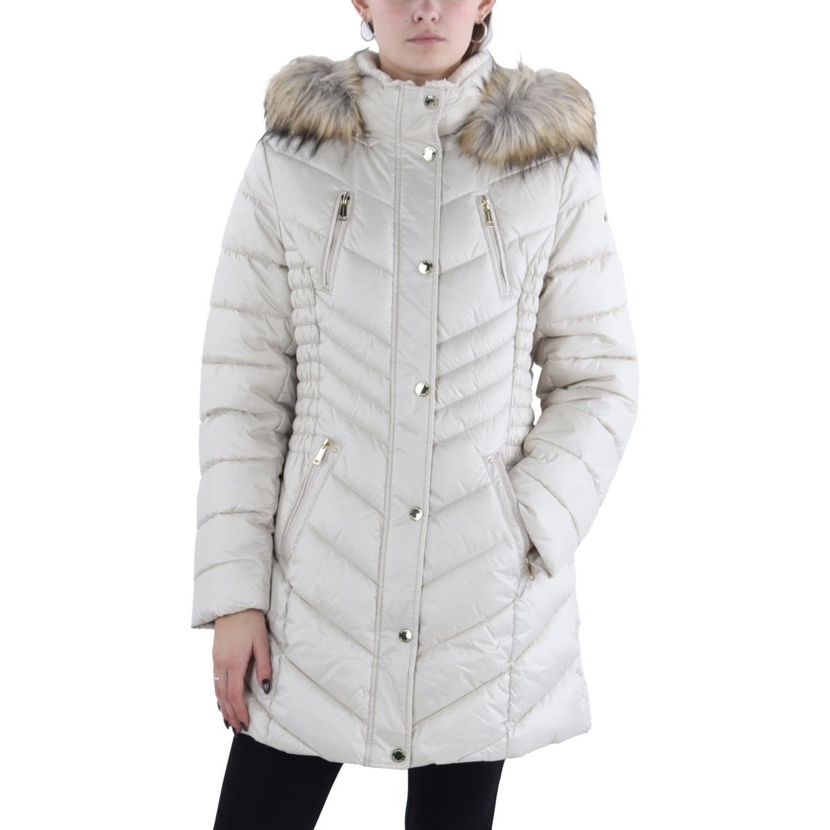 Shelli Segal Women's Faux Fur Trim Hooded Puffer Jacket - Winter Warm Coats for Women, Waterproof Outerwear for Snow & Cold Weather