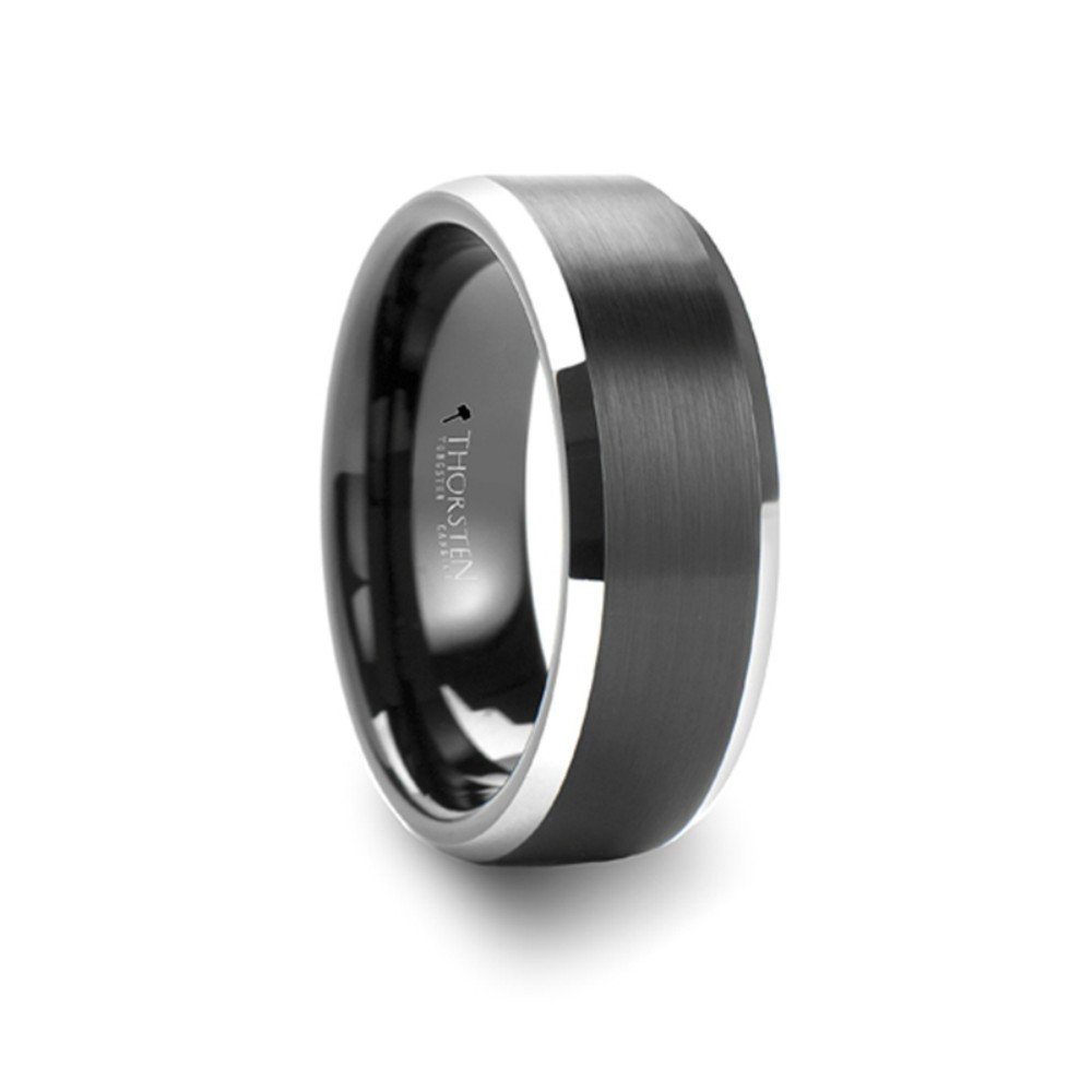 ASTON Black Brushed Tungsten Carbide Ring for Men - 8mm Wide Polished Beveled Edge Wedding Band - Durable & Scratch Resistant Jewelry for Grooms, Anniversaries & Special Occasions