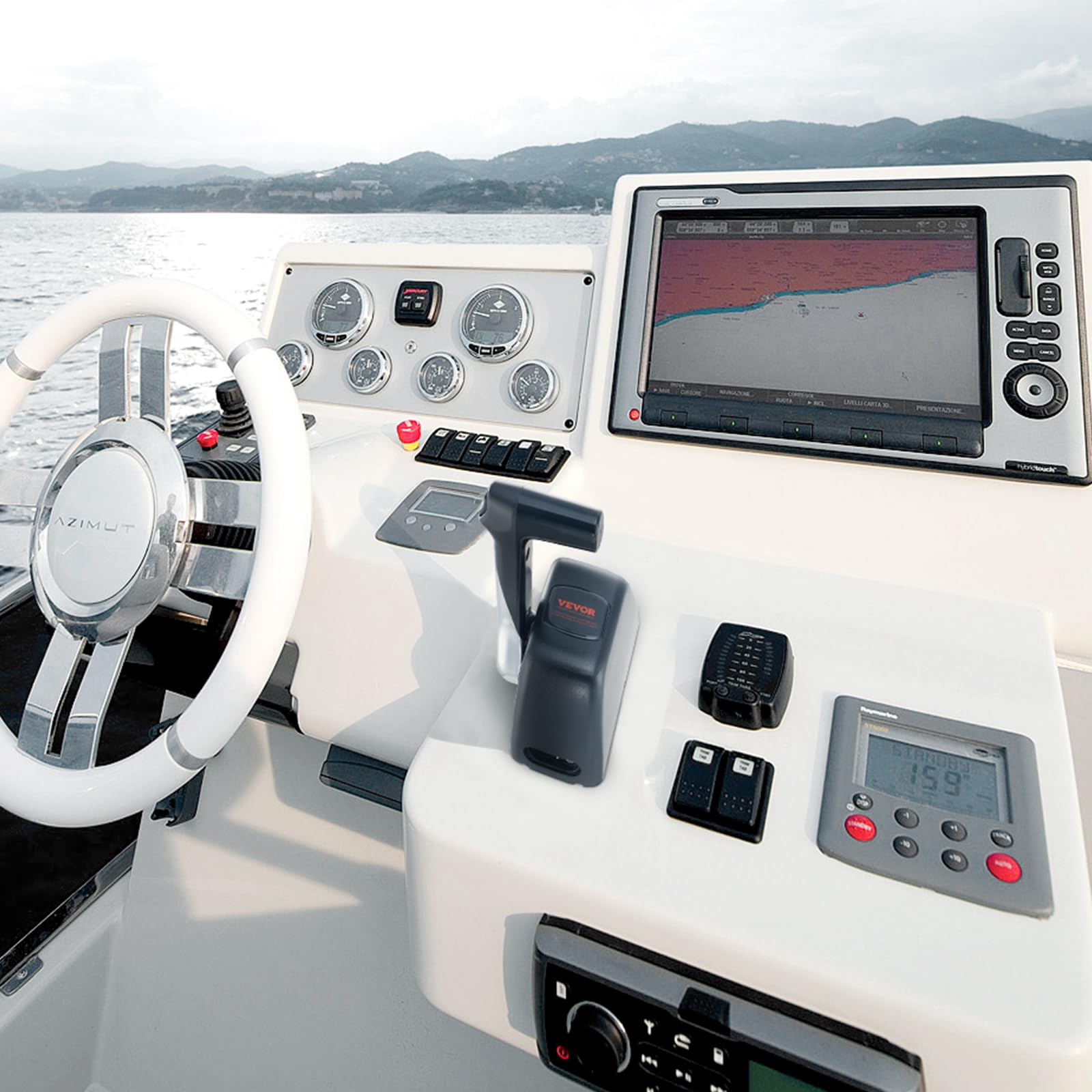 VEVOR Boat Throttle Control Box - Top-Mounted Outboard Remote Control for Yamaha 4-Stroke Engines - Marine Throttle with Power Trim Switch & 4.6ft 5-Pin Harness (704-48205-P1) - Perfect for Smooth Acceleration and Precise Speed Control on Fishing Boats and Watercrafts