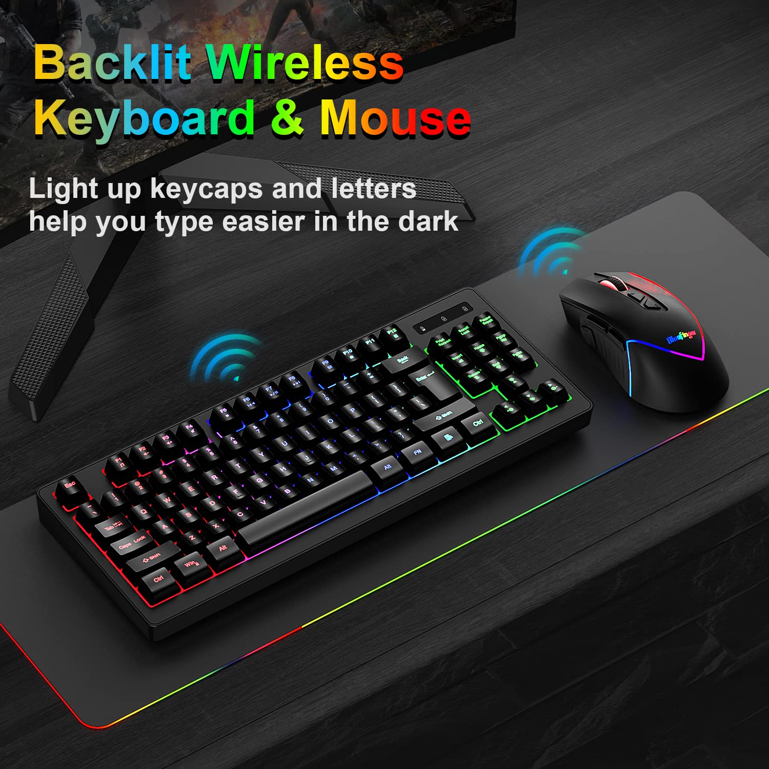 BlueFinger Wireless Gaming Keyboard and Mouse Combo - 87 Key RGB Backlit Mechanical Keyboard & Ergonomic Gaming Mouse with Rechargeable Battery for PC, Mac, Laptop - Perfect for Esports, Streaming & Office Work