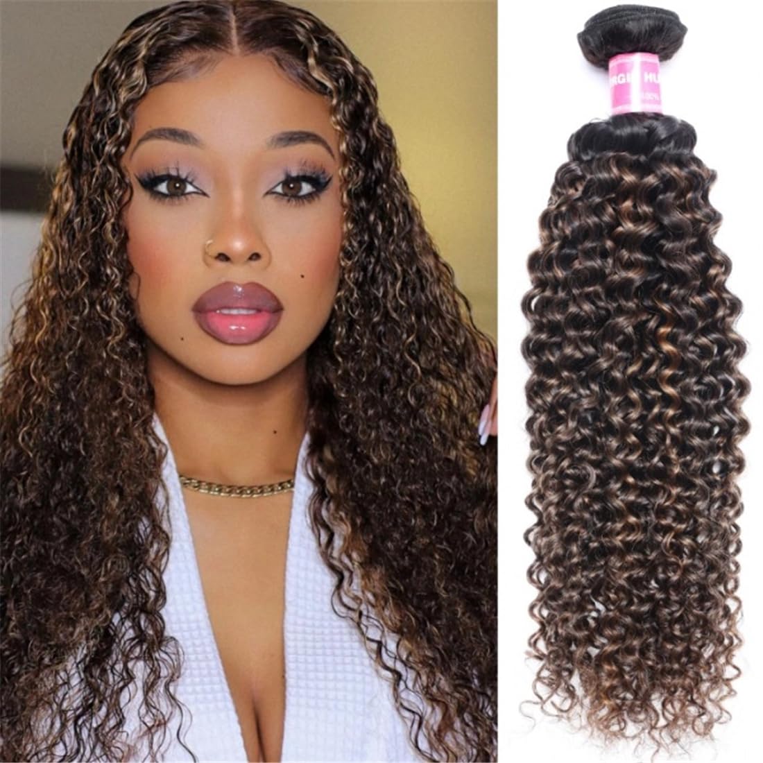 Sunber 12A Ombre Brown Curly Human Hair Extensions - 3 Bundles 100% Brazilian Virgin Jerry Curly Weave (10/12/14 Inch) - Two Tone FB30 Brown Highlight for Natural Look | Perfect for Daily Wear, Parties & Special Occasions