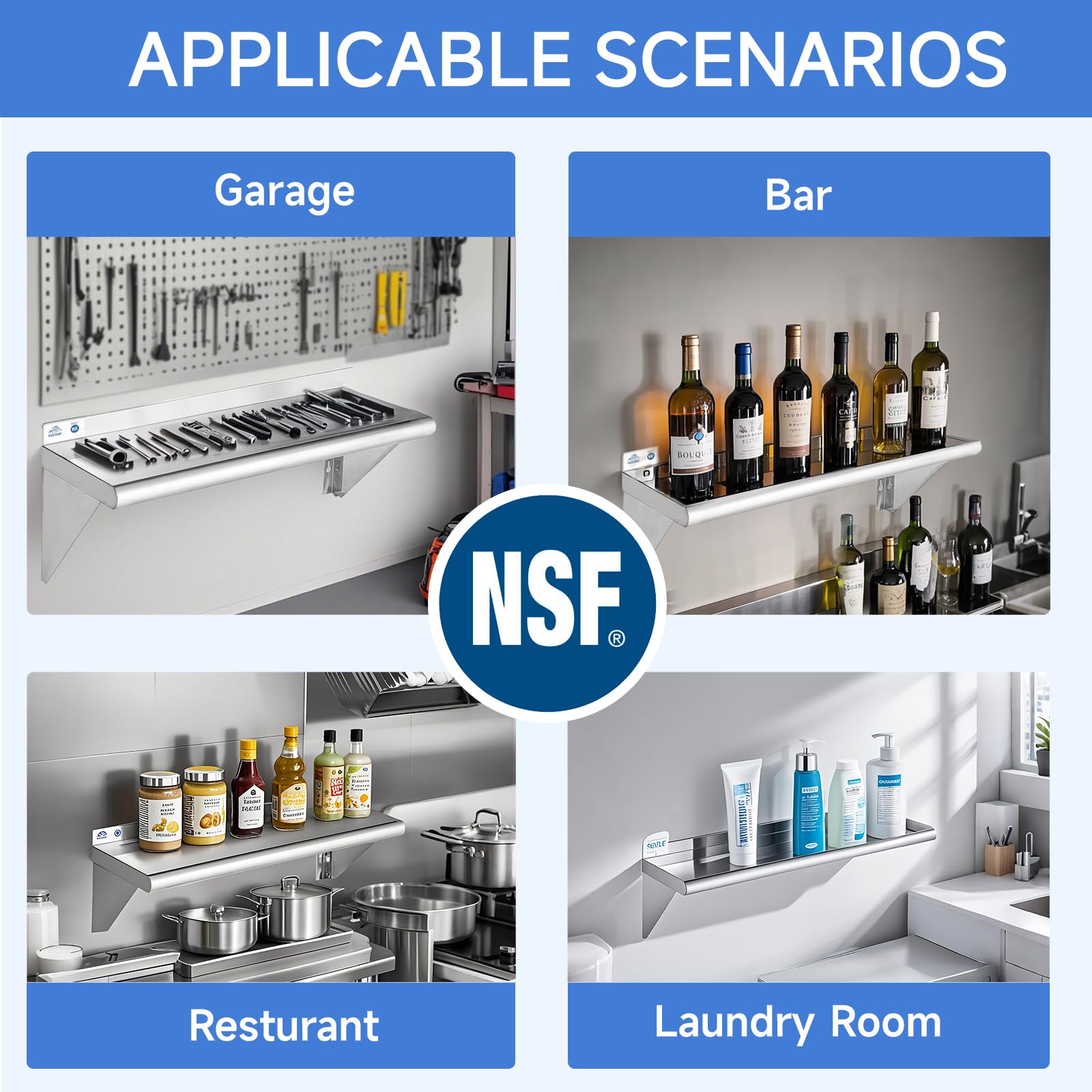 ROCKPOINT 18 x 72 Inch Stainless Steel Shelf - 500lb Capacity NSF Certified Commercial Shelving | Wall Mount Floating Shelves with Backsplash for Restaurant, Kitchen, Home & Hotel Storage | Heavy Duty Metal Shelving Unit for Pantry, Garage, Laundry Room Organization (Silver)