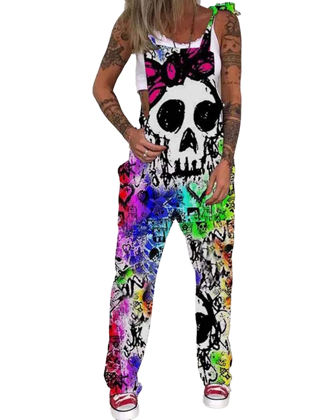PAODIKUAI Women's Casual Skull Print Overalls - Loose Fit Romper Jumpsuit with Pockets | Trendy Streetwear for Everyday Wear, Music Festivals & Casual Outings