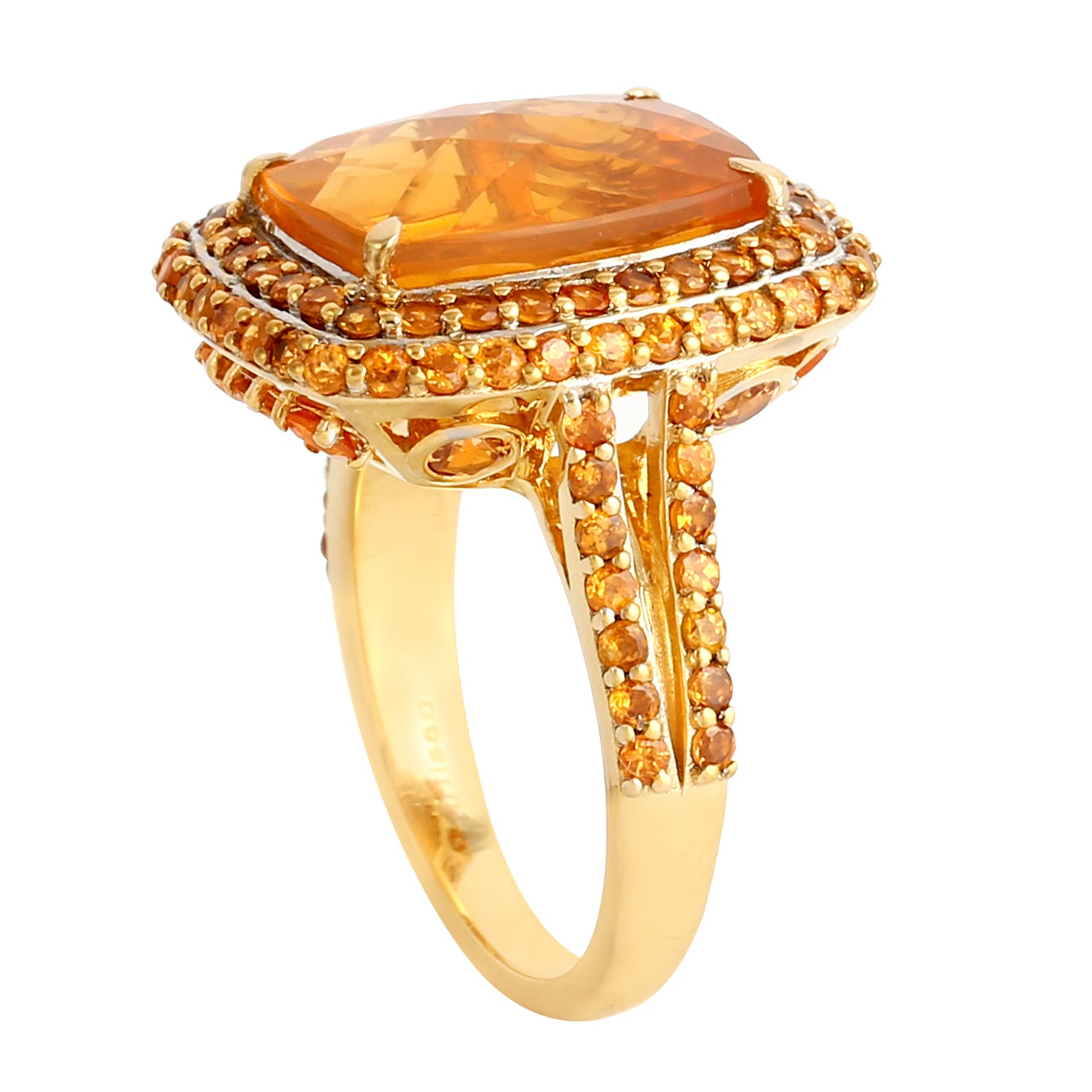 18K Yellow Gold Cushion Opal Fire Prong Garnet Mandarin Gemstone Cocktail Ring - Elegant Jewelry for Parties, Weddings & Special Occasions