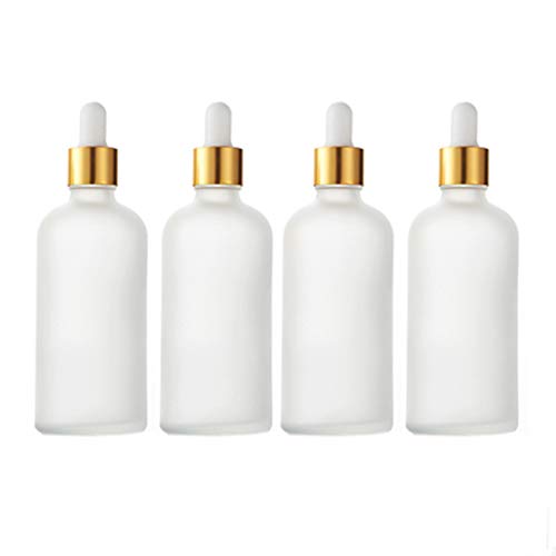 4 Pack Frosted Glass Essential Oil Dropper Bottles with Glass Pipette & Gold Lids - 100ml (3.4oz) Perfume Sample Bottles, Cosmetic Liquid Containers - Perfect for DIY Essential Oils, Perfumes, Serums & Travel Size Liquids