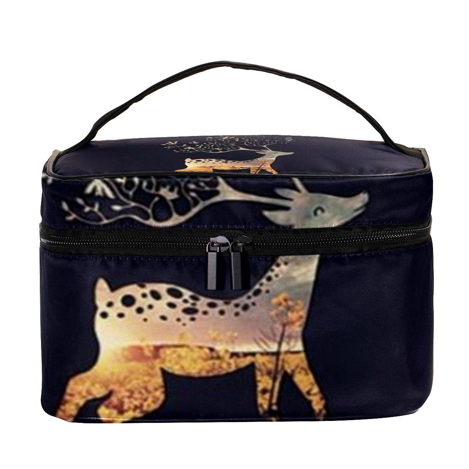 Stylish Large Sika Deer Print Travel Makeup Bag - Waterproof Cosmetic Organizer with Zipper for Women & Girls | Perfect for Vacation, Gym, Business Trips & Daily Essentials Storage
