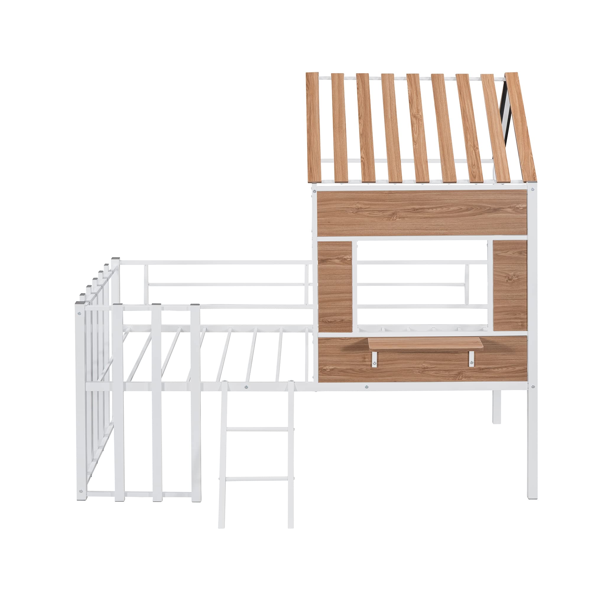 **Low Loft Twin Size Kids House Bed with Roof - Metal Frame, Window, Guardrail & Ladder (White) - Perfect for Small Bedrooms, Playrooms & Cozy Sleep Spaces**