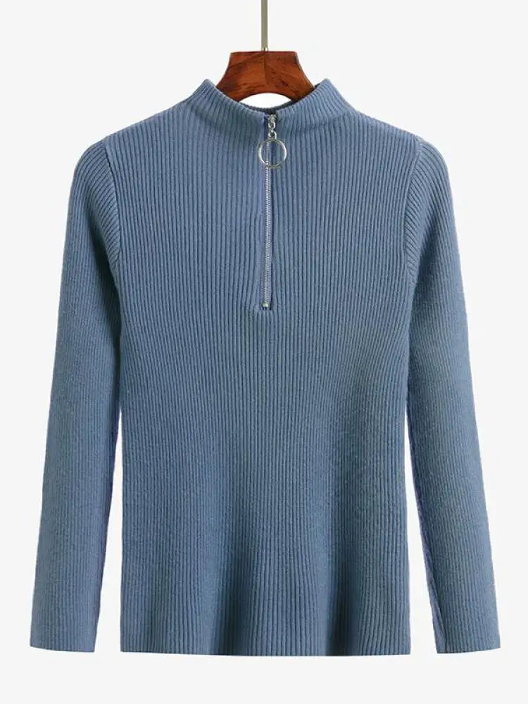 Vintage Solid Knitted Long Sleeve Zip-Up Half Turtleneck Sweater for Women - Cozy Winter Pullover for Casual Outfits & Office Wear