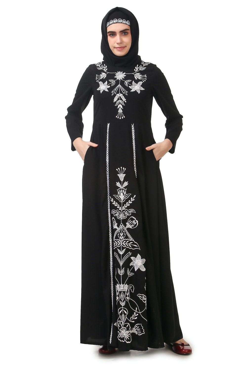 Elegant Black Abaya with White Embroidery - Traditional Anarkali Style Islamic Dress for Women - Perfect for Eid, Ramadan, Weddings & Special Occasions
