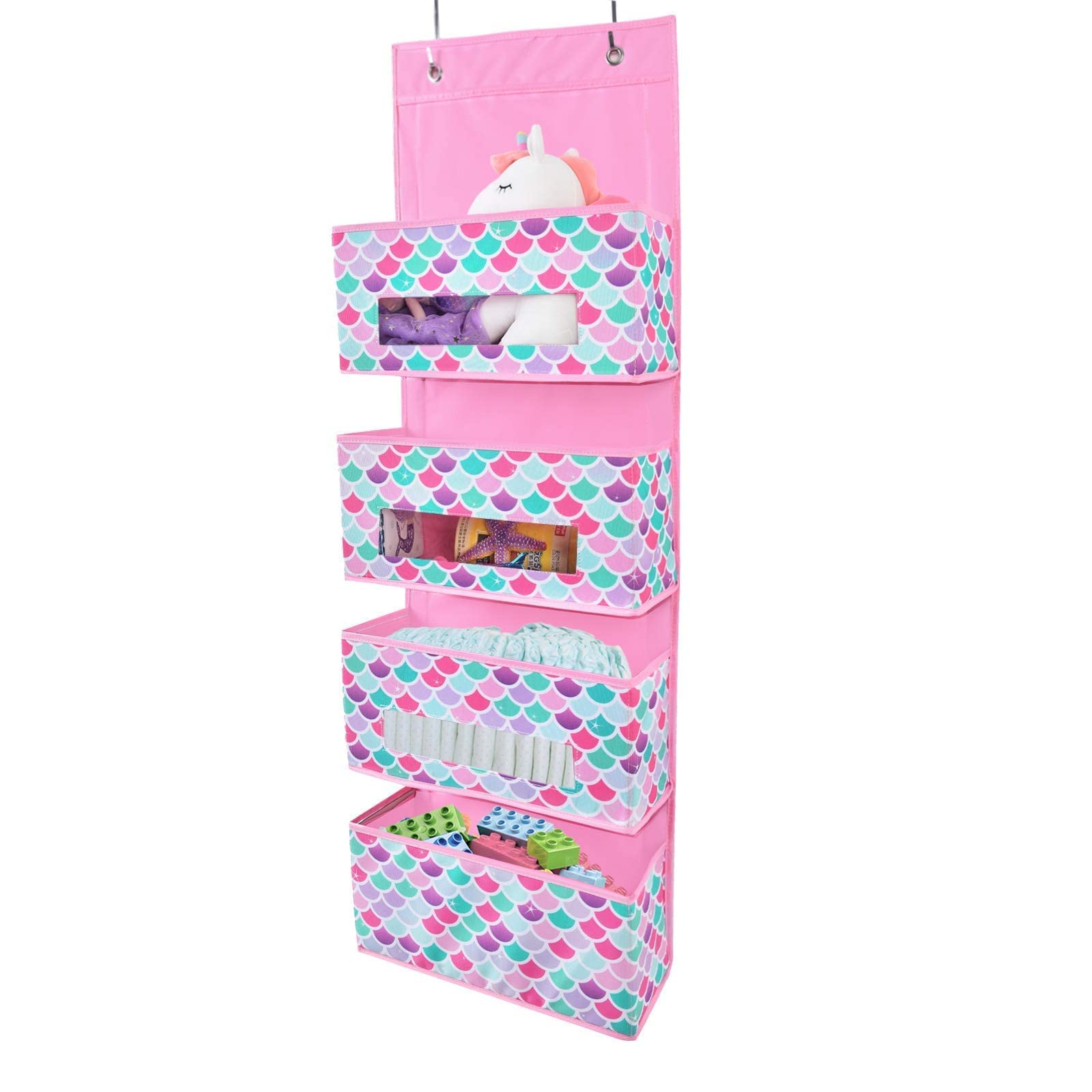 WERNNSAI Mermaid Over Door Organizer - 4 Clear Window Pockets Hanging Storage for Kids, Baby Girls Closet, Diaper & Pantry Organization - Perfect for Bedroom, Nursery & Wall Decor (Ideal for Small Space Storage & Home Organization)