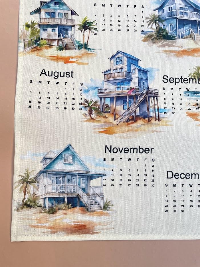 2025 Travel Themed Wall Calendar Towel - Linen Beach Houses Design - Perfect for Home, Office & Vacation Decor - Gift for Men & Women