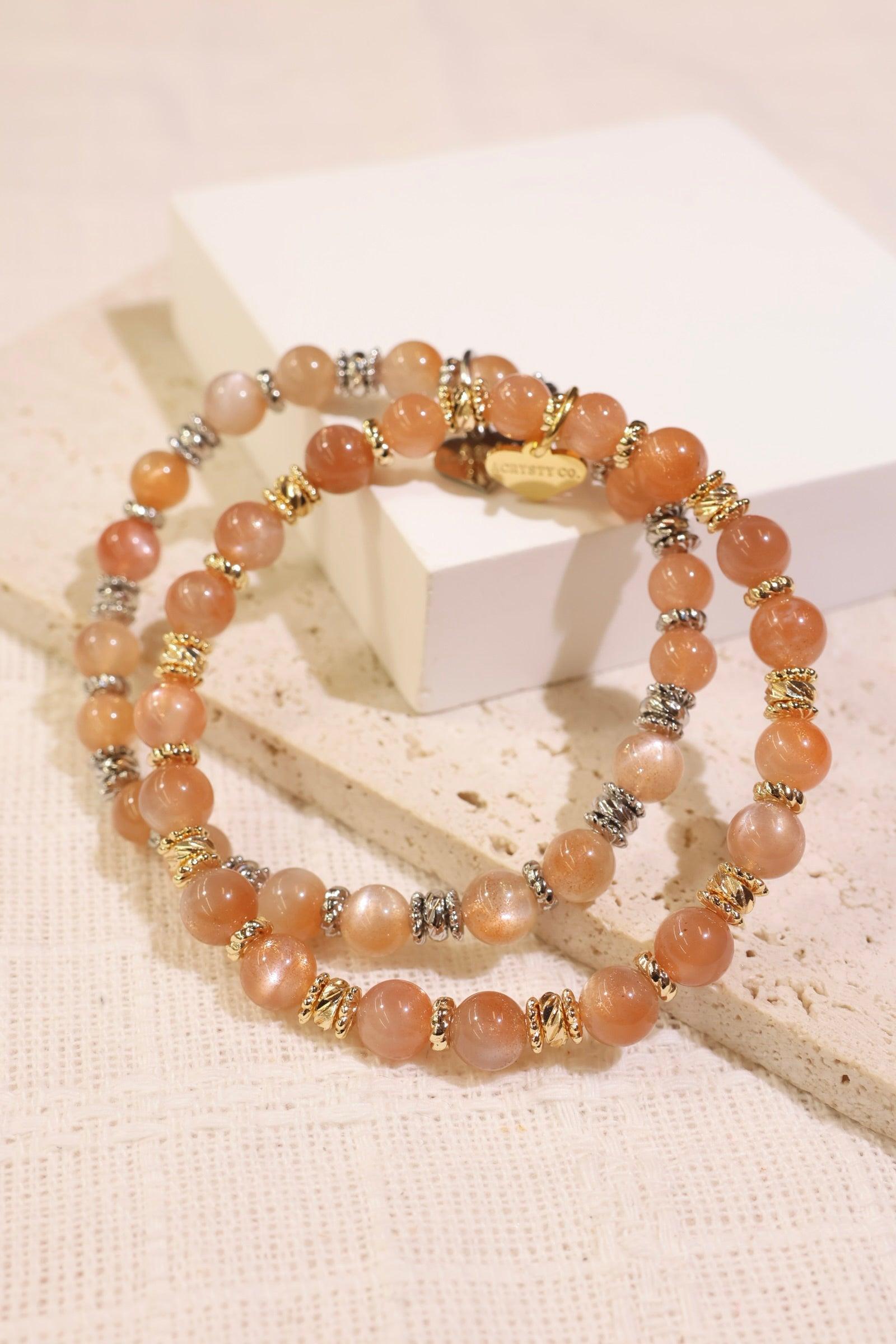 Premium Confetti Peach Moonstone Bracelet for Women - Natural Gemstone Beaded Stretch Bracelet - Boho Chic Jewelry for Everyday Wear, Gift Giving & Special Occasions
