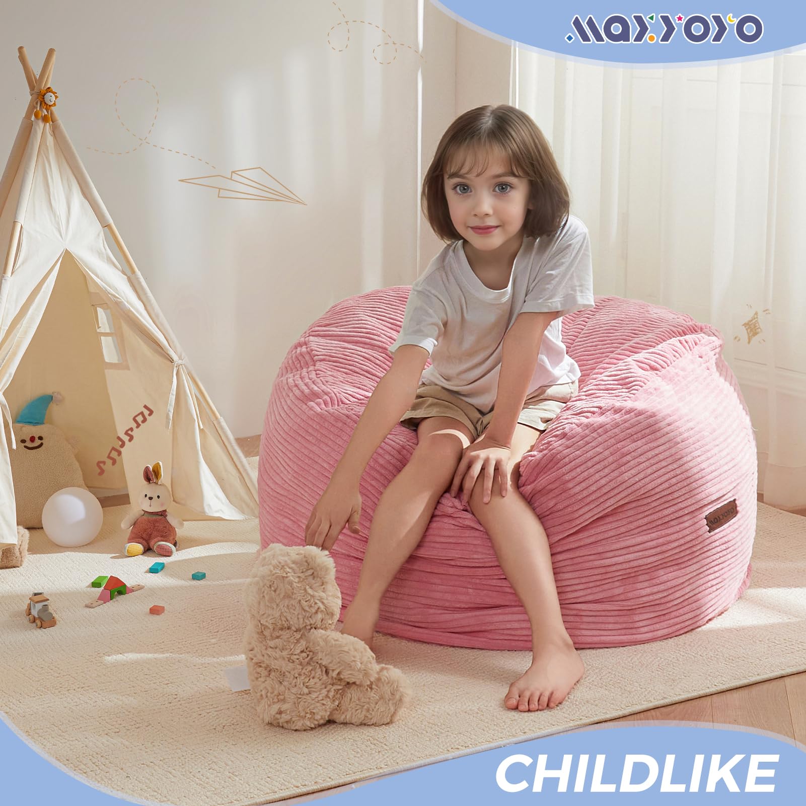 MAXYOYO Kids Corduroy Bean Bag Chair - Convertible to Floor Mattress, Soft & Comfortable Pink Lounge Chair for Bedroom, Playroom & Dorm Room - Perfect for Reading, Gaming & Relaxing