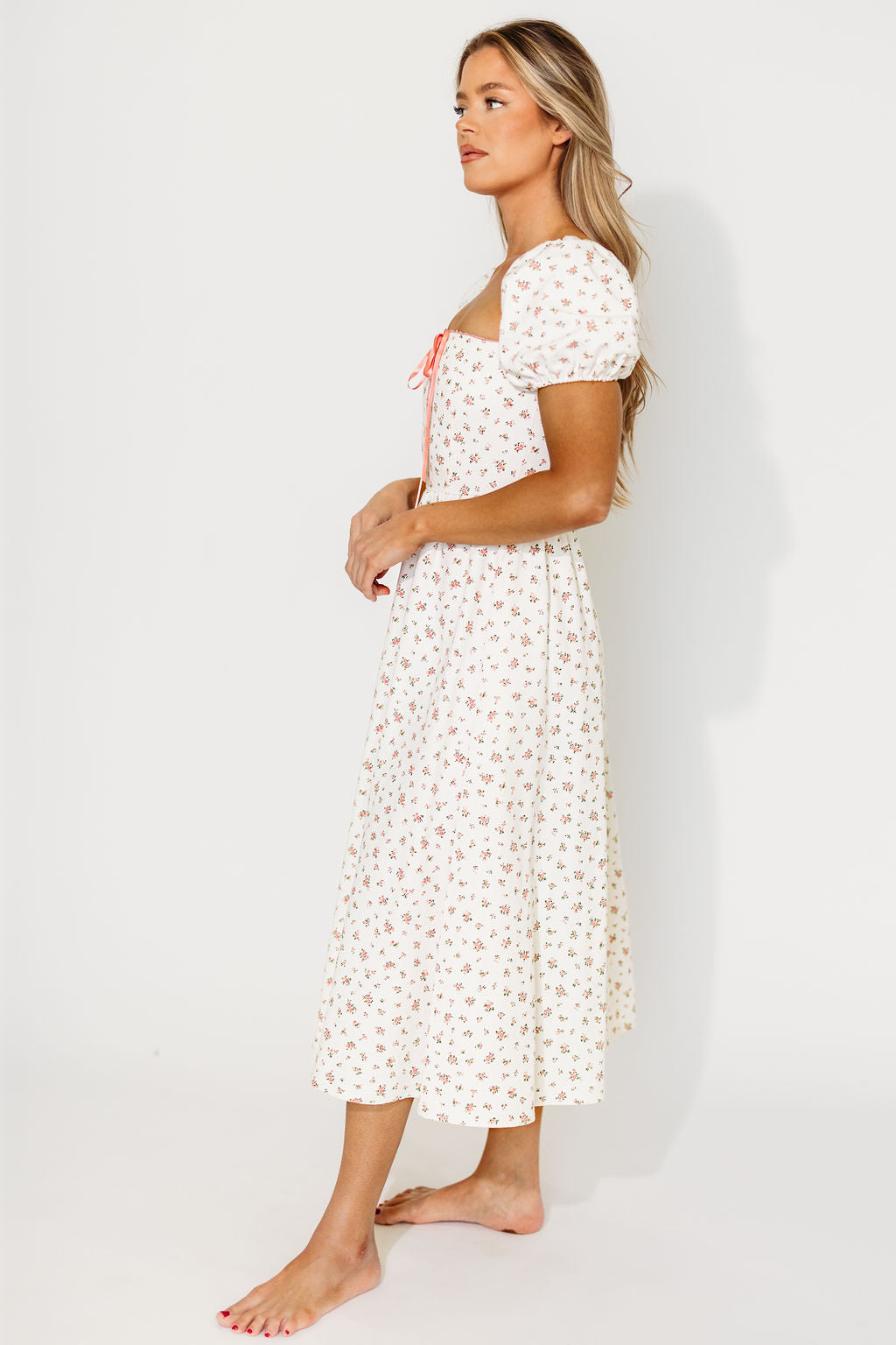 Charlotte Cotton Puff Sleeve Midi Dress - Cream & Pink Floral Print Summer Dress for Women | Perfect for Garden Parties, Brunch Dates & Vacation Outfits