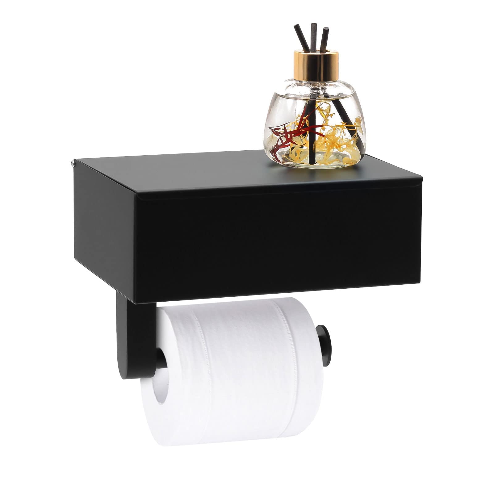 Dorudon atrox Large Toilet Paper Holder with Shelf & Storage | 304 Stainless Steel Wall Mount Wipe Dispenser | Flushable Wipes Organizer | Matte Black Bathroom Accessory for Modern Homes – Perfect for Small Bathrooms & Concealing Wipes