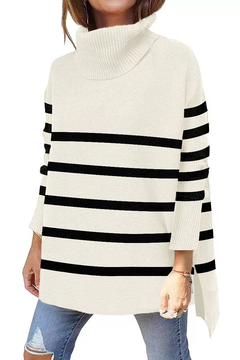 Women's Oversized Turtleneck Sweater - Long Sleeve Striped Knit Pullover with Split Hem | Cozy Winter Fashion for Casual Outfits & Office Wear