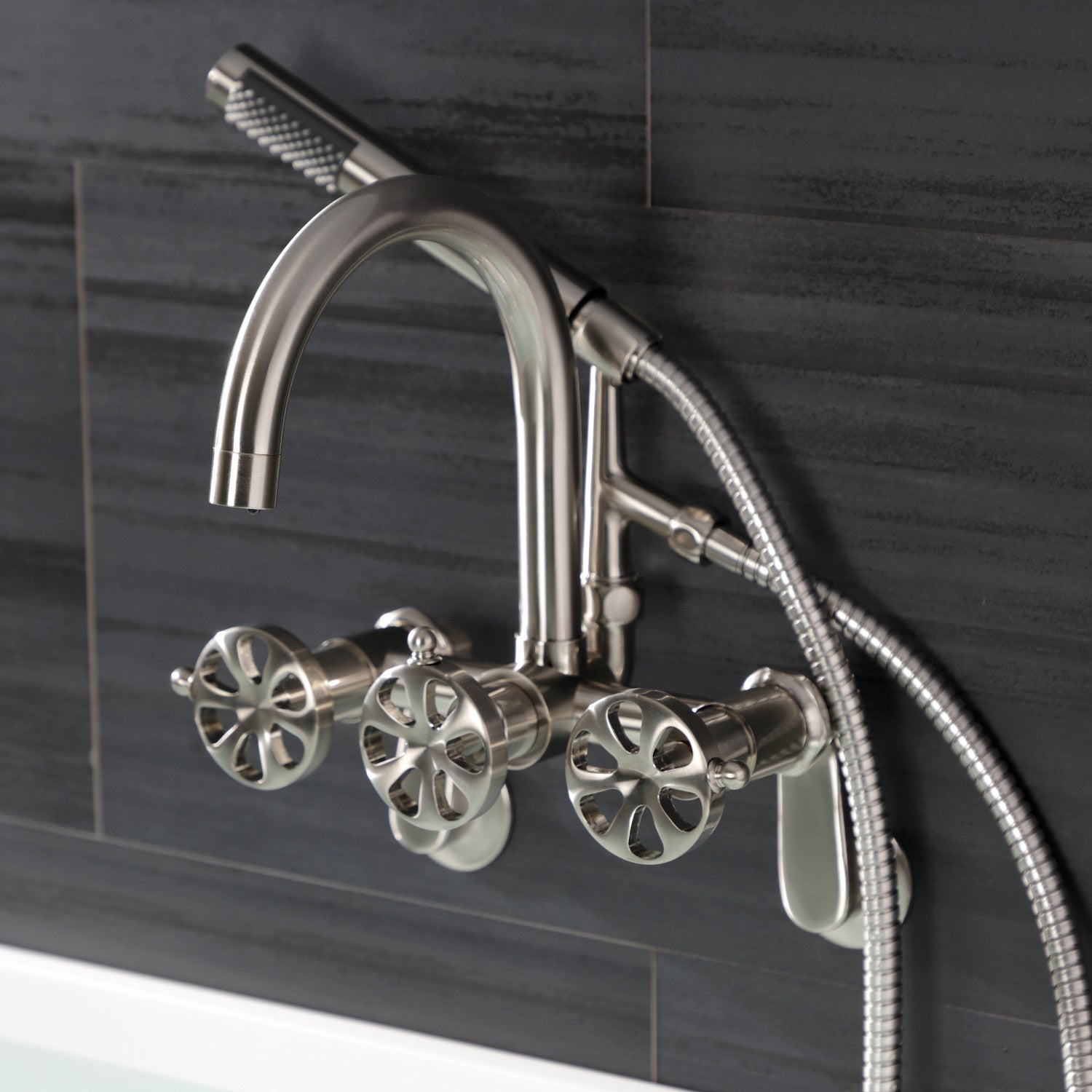 Belknap AE8158RX 3-Handle 2-Hole Wall Mount Clawfoot Tub Faucet with Hand Shower in Brushed Nickel - Vintage Bathroom Fixture for Classic & Modern Bathrooms