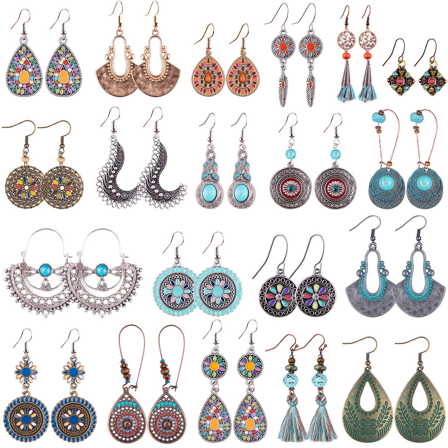 Duufin 20 Pairs Bohemian Earrings Set - Vintage Drop Dangle Earrings for Women, Alloy Long Boho Statement Jewelry - Perfect for Festivals, Parties & Everyday Boho Chic Style