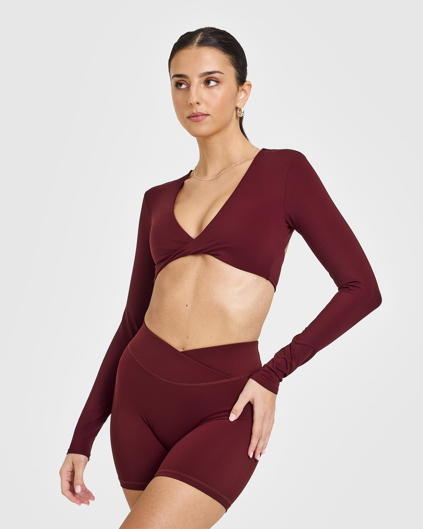 Stylish Rosewood Twist Front Long Sleeve Crop Top for Women | Trendy Fashion Top for Casual Wear, Date Night & Layering