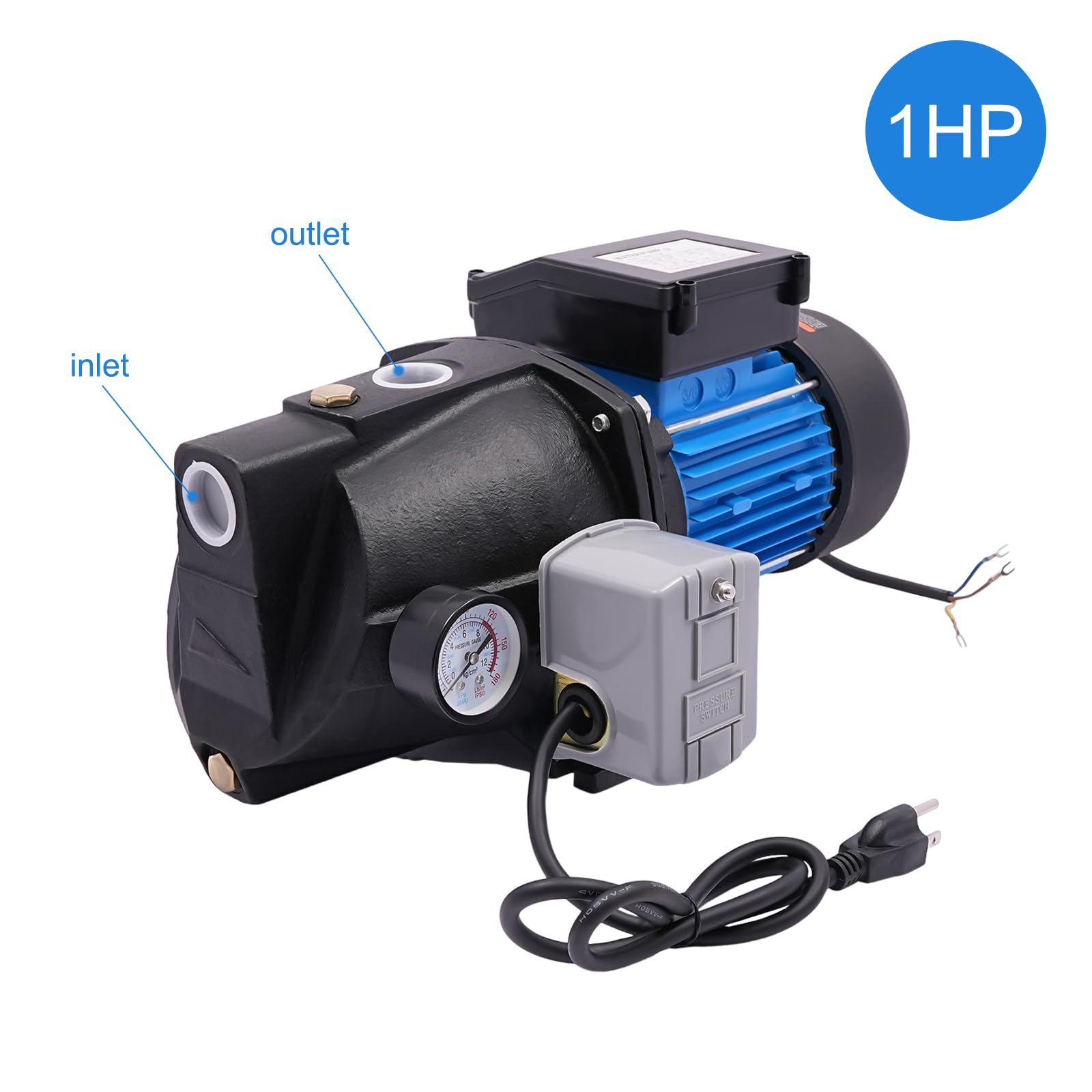 1 HP Shallow Well Pump with Ejector Kit - Cast Iron Jet Water Pump for Home, Farm & Garden Use, 25ft Max Well Depth, 110V Automatic Pressure Switch, Ideal for Lawn Irrigation, Water Transfer & Household Water Supply