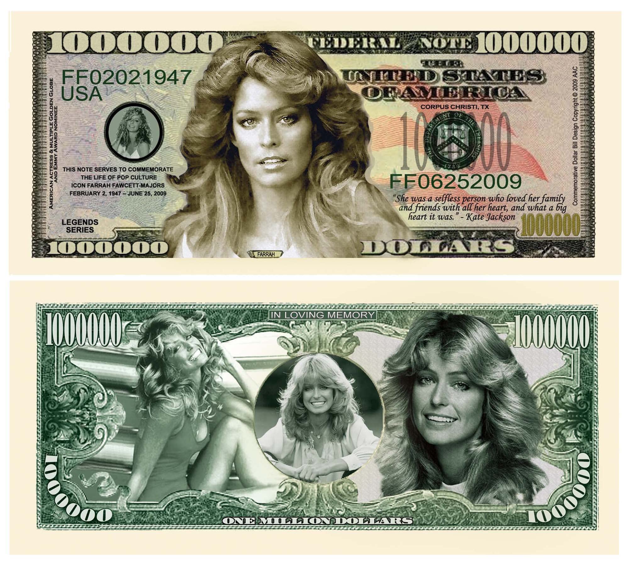 Farrah Fawcett Majors Million Dollar Collectible Novelty Bills - Pack of 50 American Art Classic Replica Banknotes for Movie Memorabilia, Gift Giving and Party Decorations