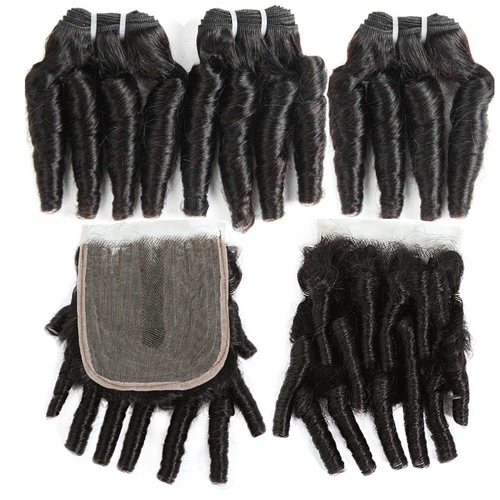Brazilian Funmi Hair Curly Weave 3 Bundles with 2x4 Lace Closure | 100% Human Hair Extensions | Natural Black (10 12 14+10) | 100g/pc | Burmese Curly Bundles | Perfect for Daily Styling, Parties & Special Occasions