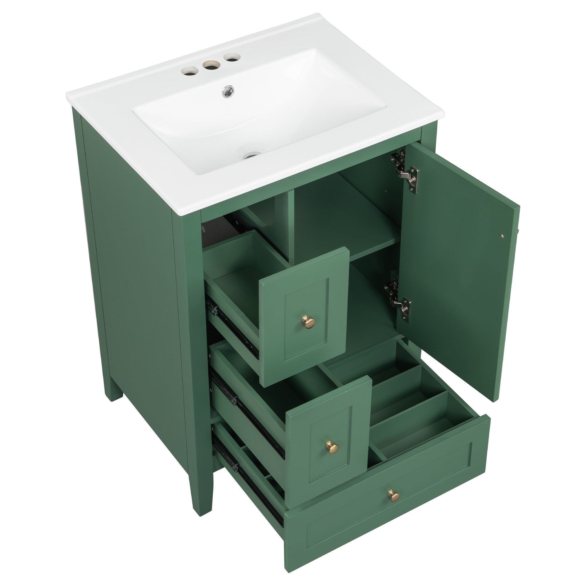 24 Inch Bathroom Vanity with Storage - Adjustable Shelf & Removable Dividers, MDF & Rubberwood Construction, Dark Green Finish for Modern Bathroom Decor