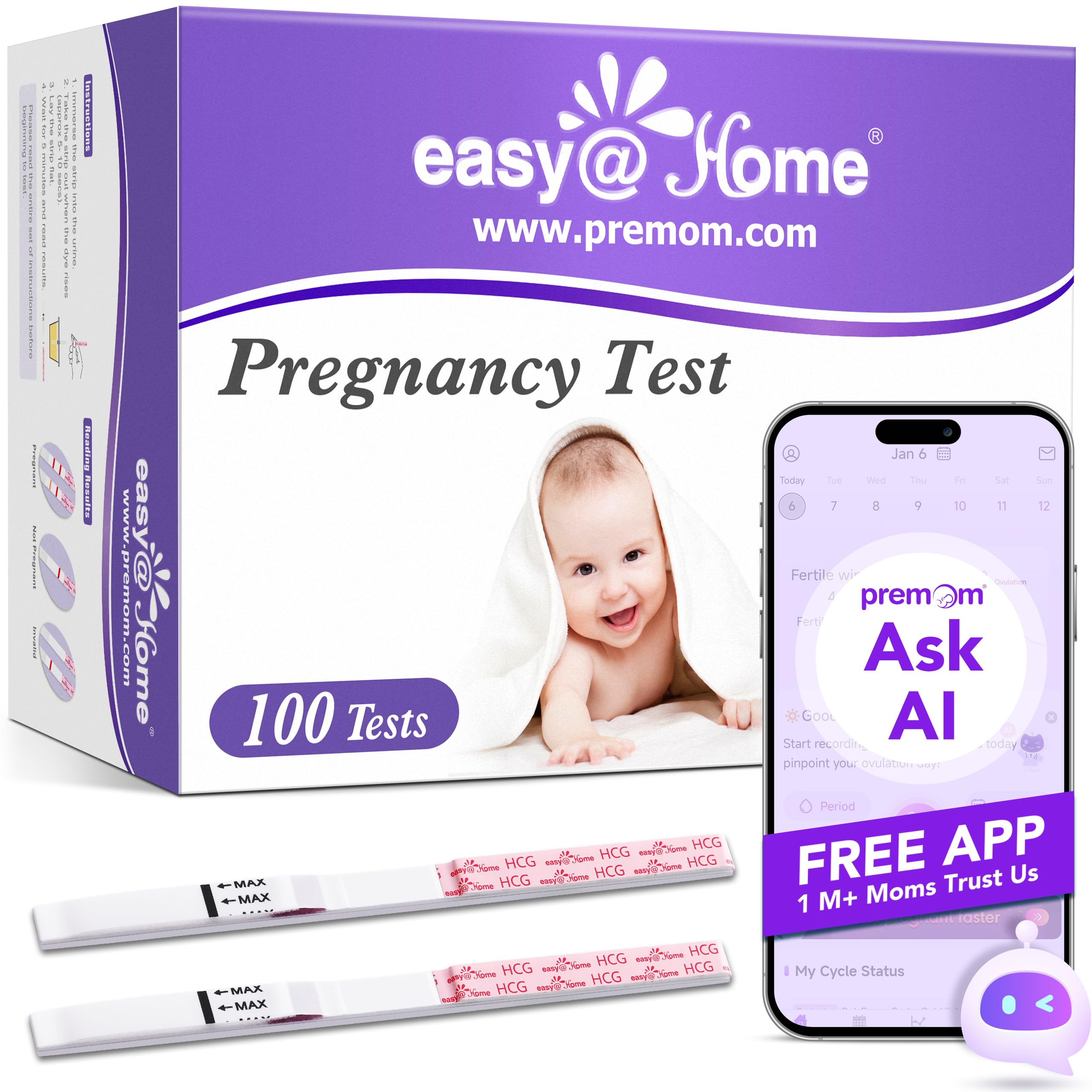 Easy@Home 100 Pack Pregnancy Test Strips - Highly Sensitive Early Detection Home Urine Test Kit (25mIU/mL) for Women | Accurate & Fast Results | Perfect for Trying to Conceive, Fertility Tracking & Family Planning