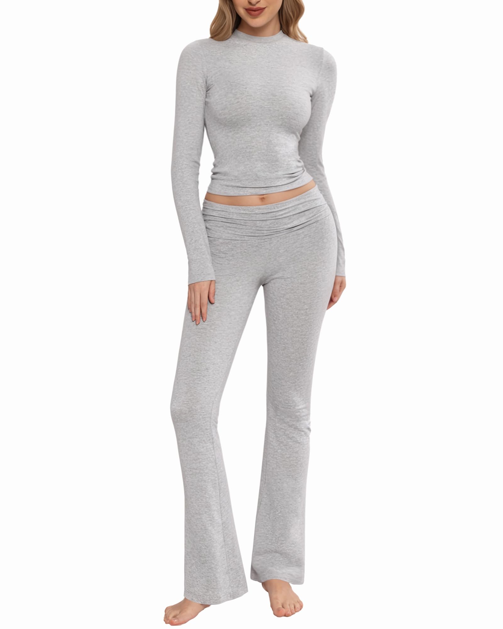 MANGOPOP Women's 2-Piece Lounge Set - Fold Over Flare Pants & Long Sleeve Shirt Casual Outfit | Comfortable Loungewear for Home, Yoga & Relaxation