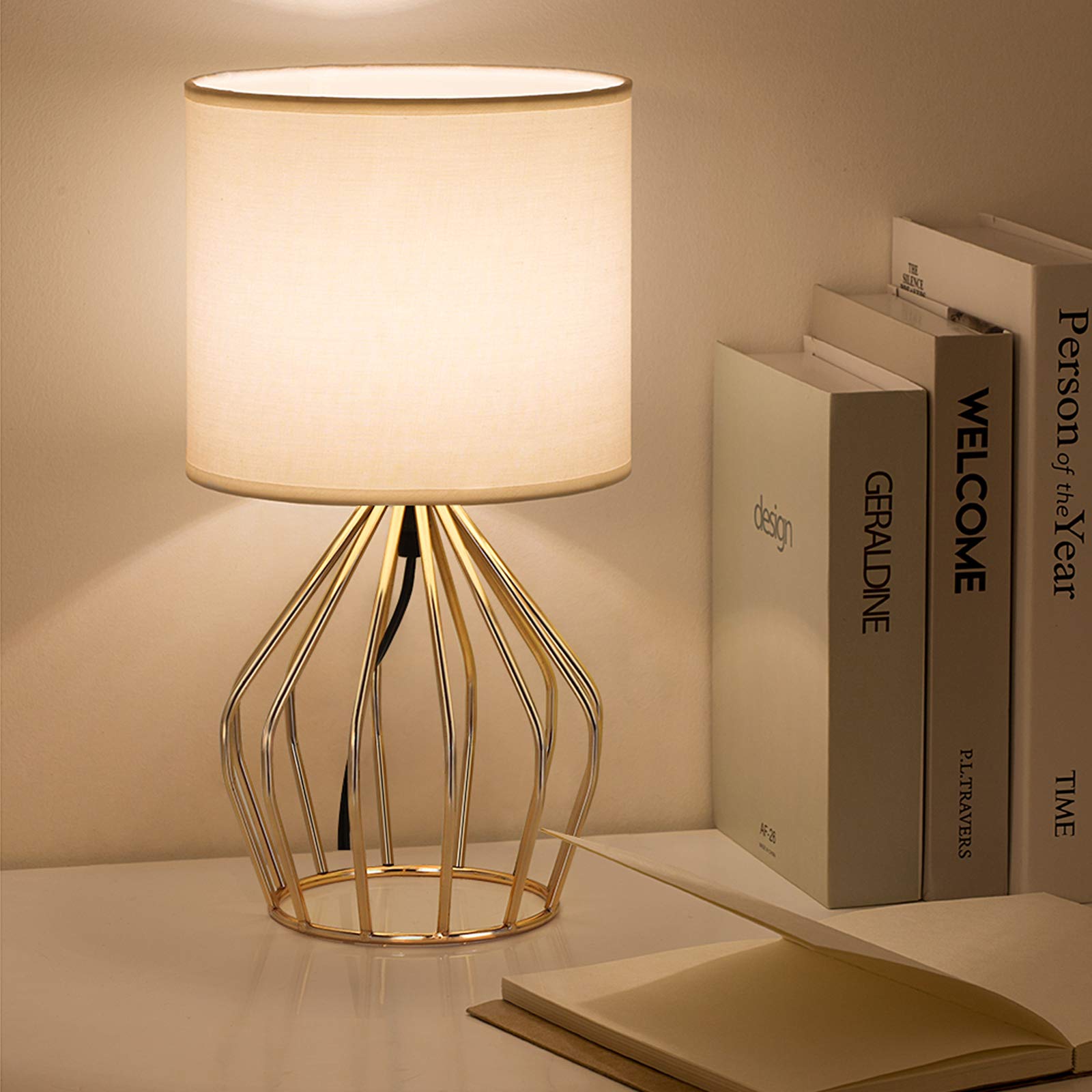 HAITRAL Gold Table Lamp - Modern Hollow Base Desk Lamp with Linen Fabric Shade, Small Golden Bedside Light for Bedroom, Living Room, Office | Perfect for Night Reading, Home Decor & Ambient Lighting
