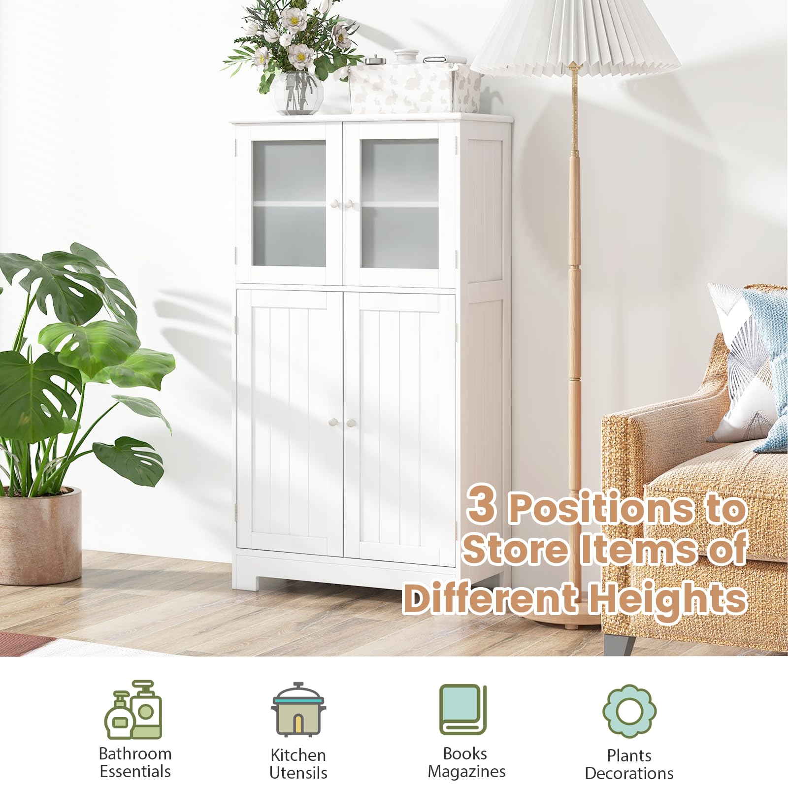 Space-Saving Wooden Bathroom Cabinet with 2 Glass Doors - 30 x 60 x 109 cm White Bathroom Storage Organizer for Small Spaces - Perfect for Bathroom, Kitchen, Living Room & Bedroom Storage Solutions
