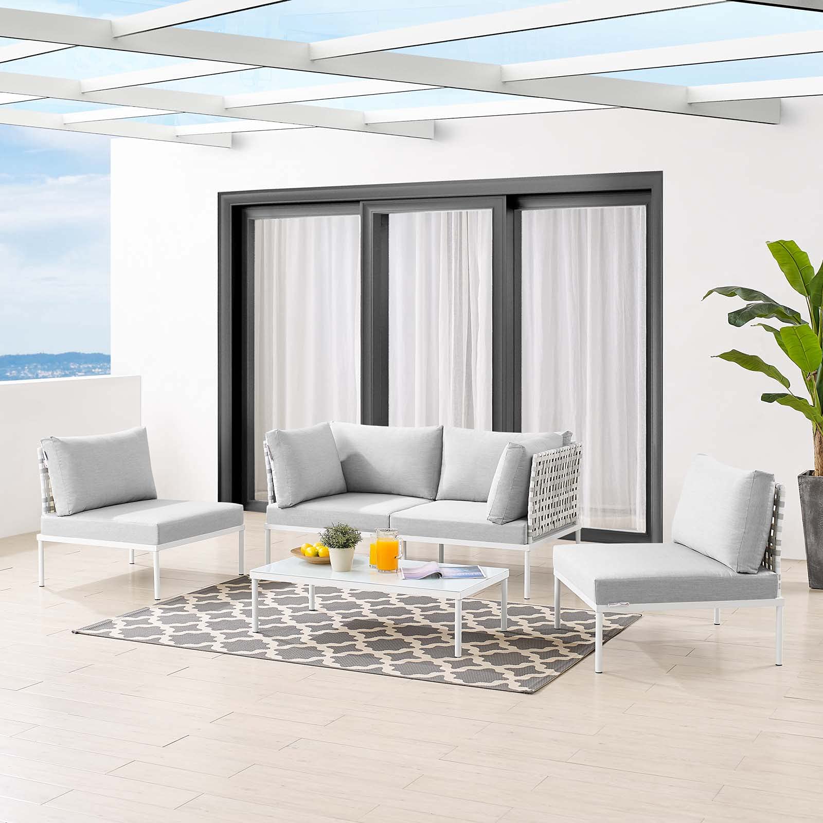 Modern Aluminum Grey Lounge Sectional Sofa Set with Table - Outdoor Patio Furniture for Garden, Cafe, Poolside & Backyard Relaxation
