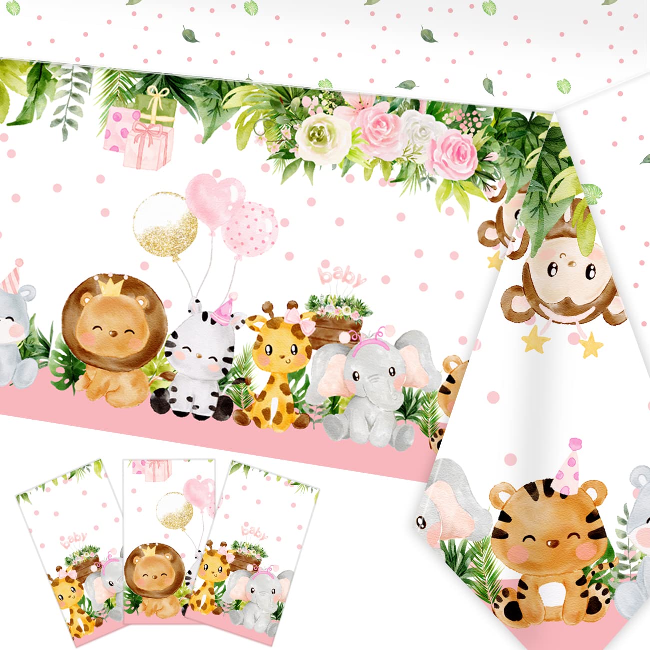 Pink Jungle Safari Baby Shower Tablecloth Set - 3-Piece Disposable Plastic Table Covers for Girls' Animal Theme Birthday Party (70×43 Inch) - Perfect for Baby Showers, Zoo-Themed Parties & First Birthday Decorations