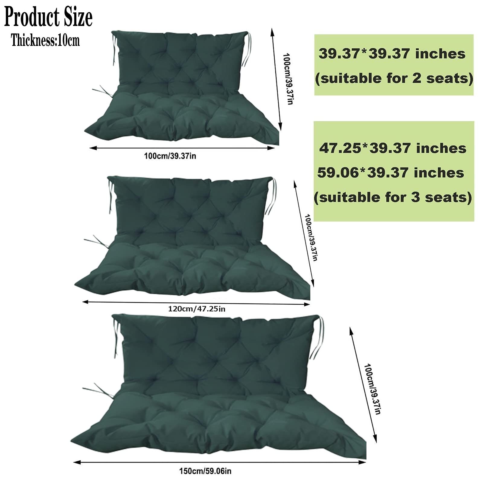 **Premium Swing Replacement Cushions – 2-Seater Outdoor Bench Cushion with Backrest (59x39x4in, Dark Green) – Waterproof & Durable Patio Furniture Cushion for Garden, Porch, and Backyard Relaxation**