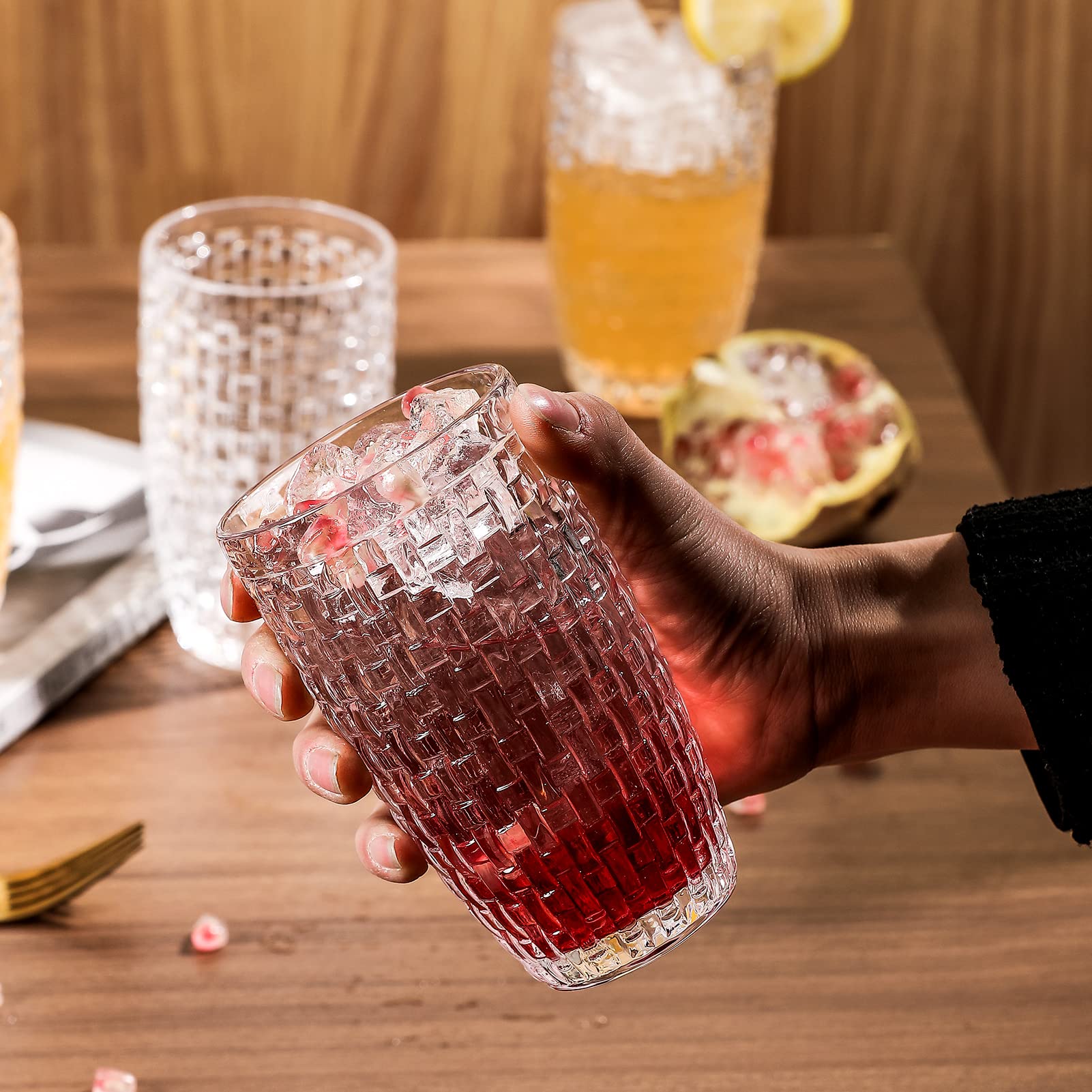 Premium 6-Piece Knitted Iced Tea Glass Set - Durable Highball Drinking Cups for Soda, Juice, Milk, Coke, Beer, Spirits & Water - Perfect for Home Bars, Parties, Picnics & Everyday Use