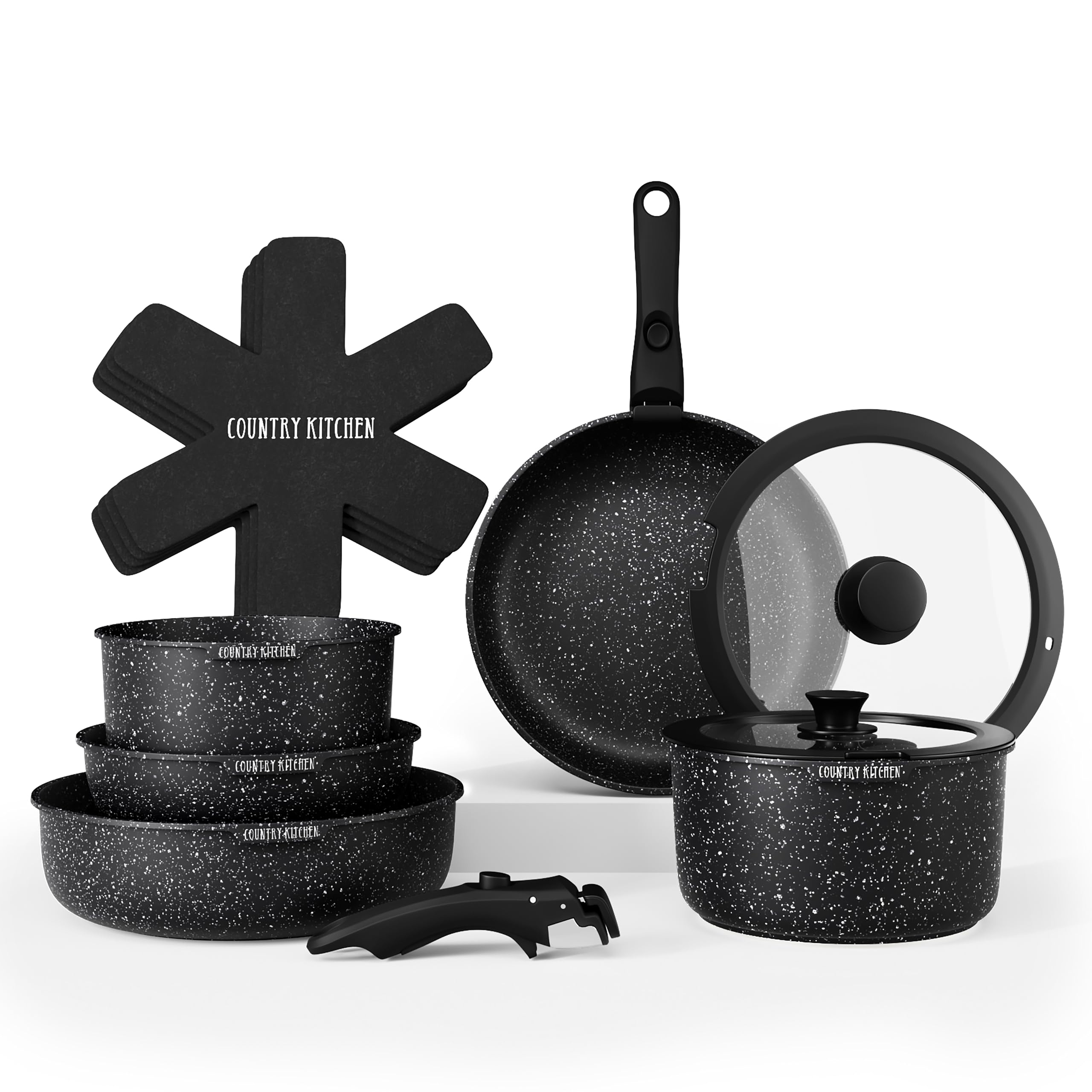 **Premium Country Kitchen Cookware Set with Removable Handle - Oven & RV Safe Nonstick Pots and Pans Set in Black - Ideal for Home Cooking, Camping & RV Travel**
