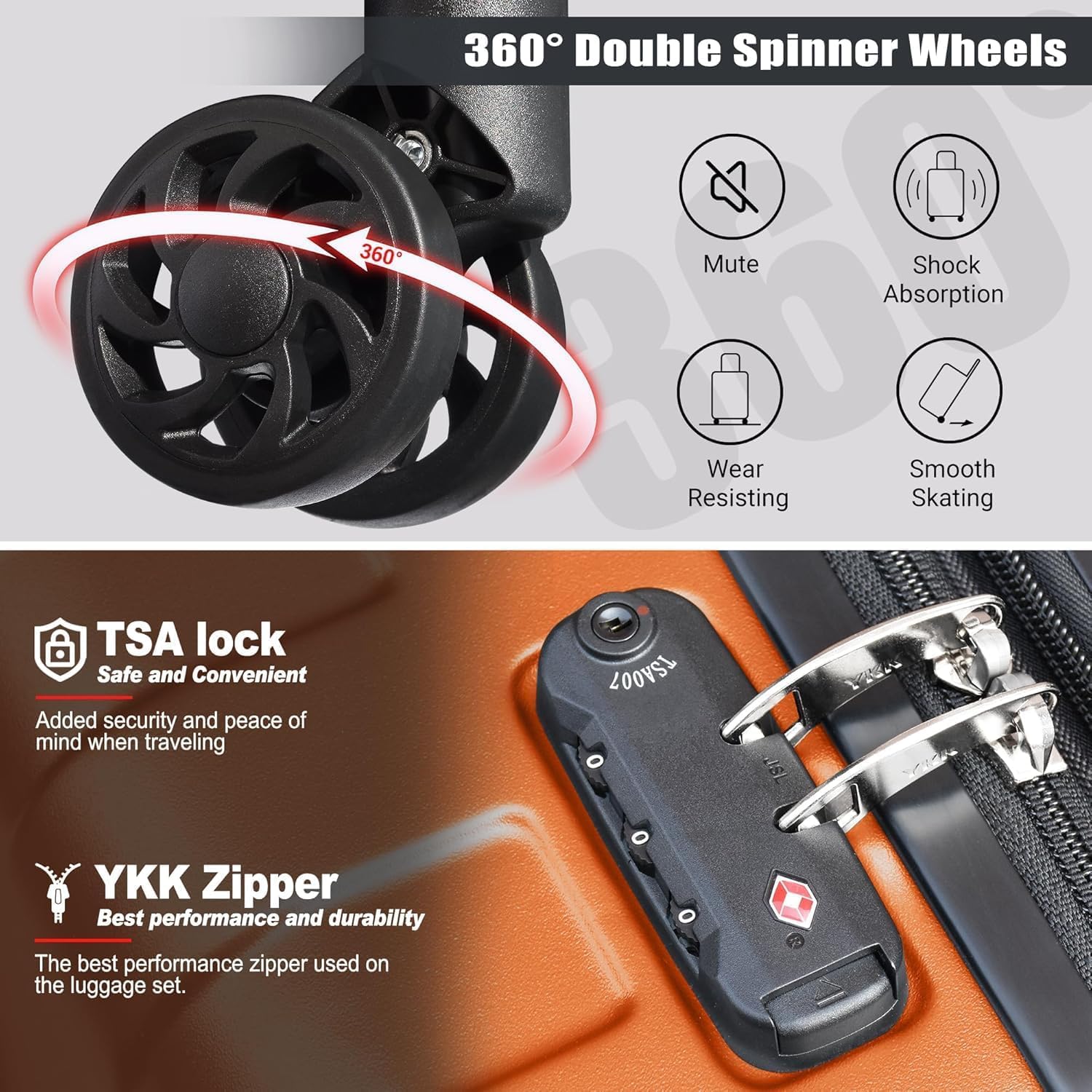 5-Piece Zebra Luggage Set with Spinner Wheels - Lightweight PC+ABS Hardside Suitcases (20/24/28 inch) & Bonus Travel Backpack + Makeup Bag - TSA Lock for Business Travel - Dark Orange | Perfect for Family Vacations, Business Trips & International Adventures
