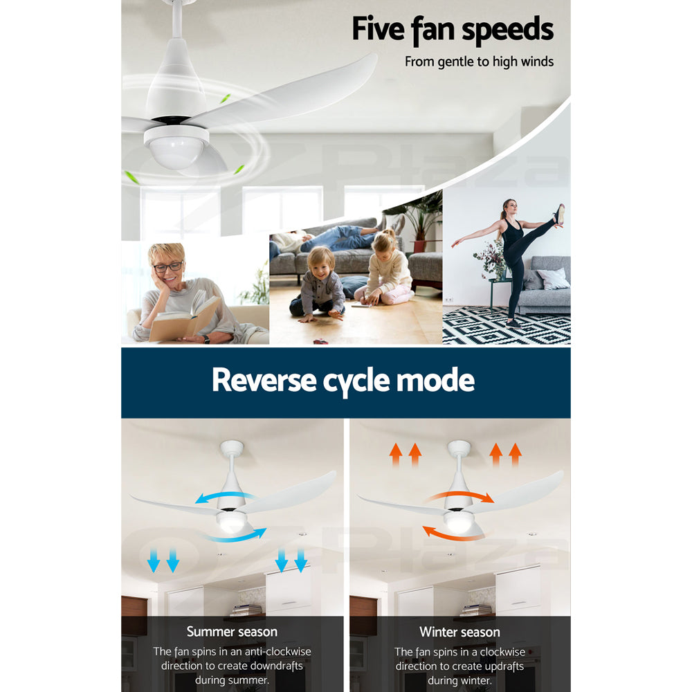 Devanti 52 Inch White Ceiling Fan with DC Motor, LED Light & Remote Control - Perfect for Living Room, Bedroom & Outdoor Patio