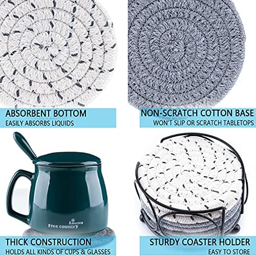 Handmade Woven Drink Coasters Set of 6 - Absorbent & Heat Resistant Braided Coasters with Holder for Table Protection | Perfect for Housewarming Gifts, Bar Decor, Party Supplies & Home Accessories