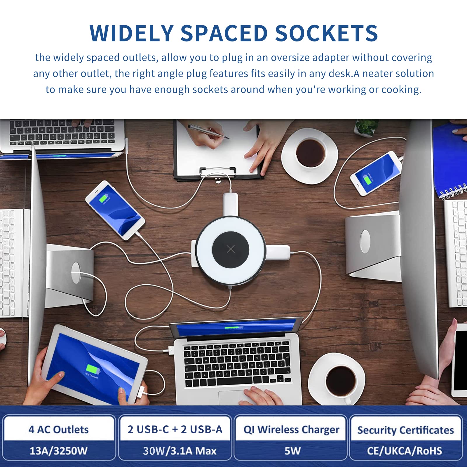 Automatic Pop Up Power Socket - 13A 4 Gang Outlet with 2 USB C & 2 USB A Ports + QI Wireless Charger - 3m Extension Cable for Kitchen Countertops, Office Desks & Workstations (Black) | Perfect for Home, Office & Commercial Spaces