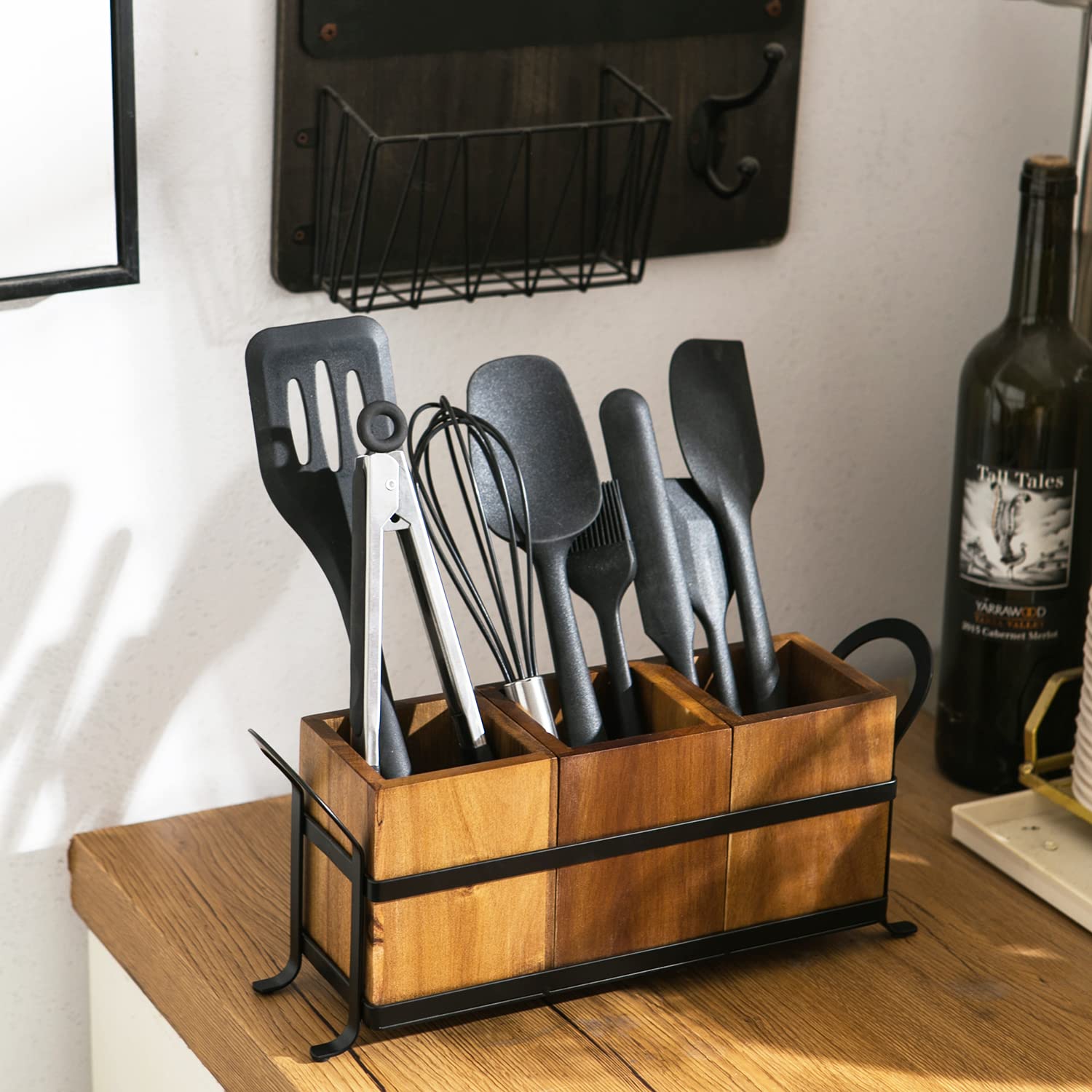 Wooden Utensil Caddy with 3 Compartments & Metal Tray - Rustic Silverware Organizer for Farmhouse Kitchen Countertop | Perfect for Dining Room, Kitchen Drawer, and Countertop Organization