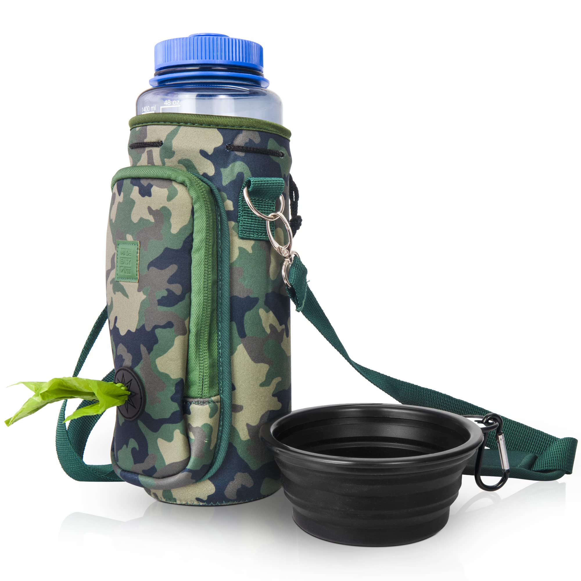 **Easy Carry Dog Water Bottle Holder with Adjustable Padded Strap & Waste Bag Pocket – 40oz Large Insulated Bottle & Bowl Included (Camo Green) – Perfect for Hiking, Camping & Outdoor Adventures**