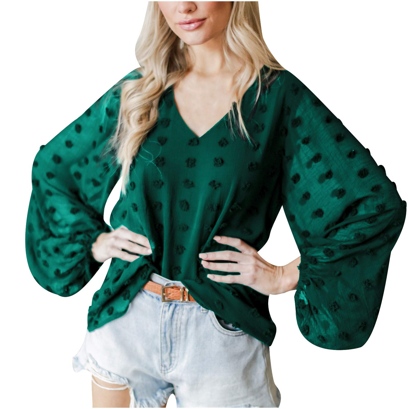 Women's White Long Sleeve Blouse - V-Neck Casual Puff Sleeve Top for Everyday Wear | Perfect for Office, Date Night & Spring Outfits