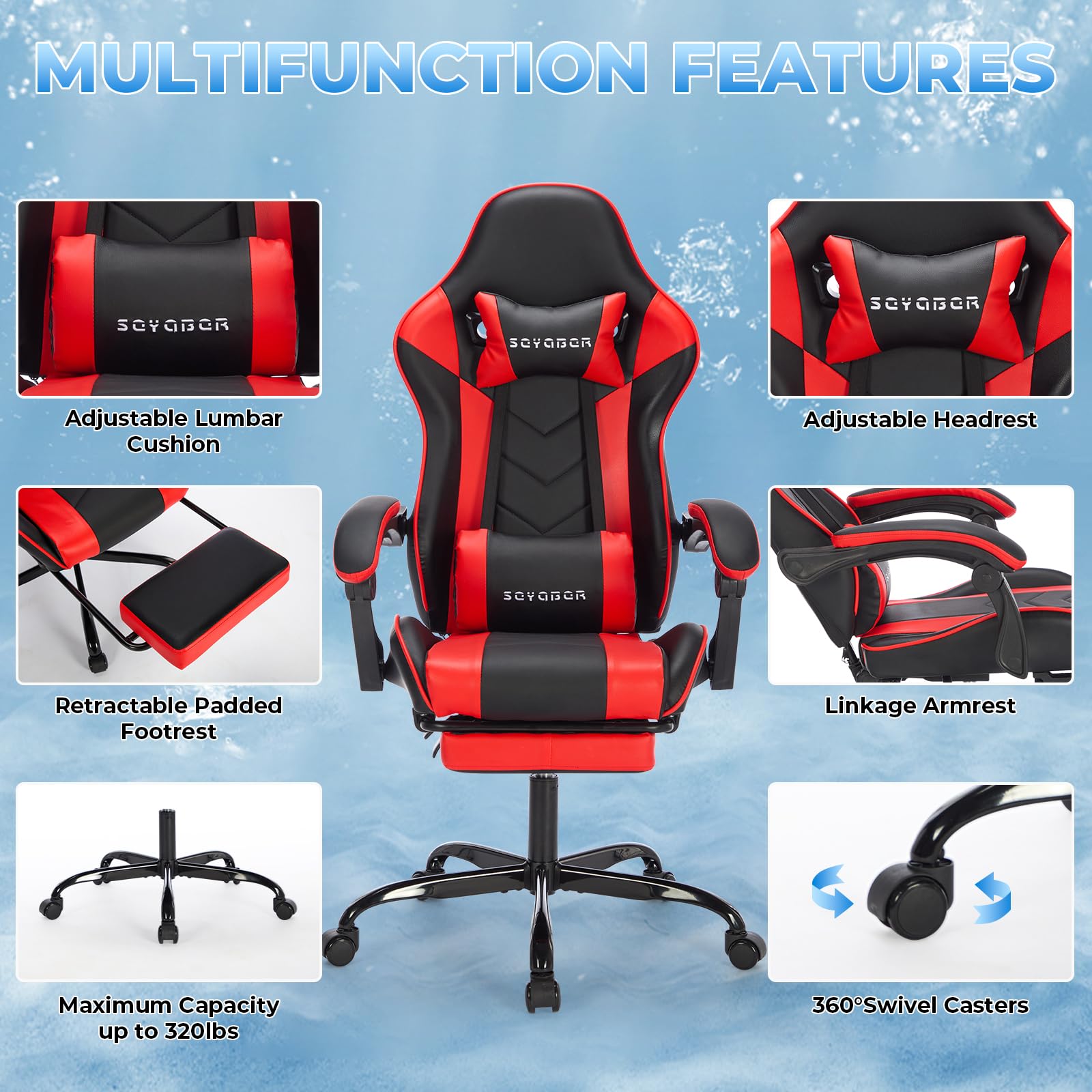 Premium Ergonomic Gaming Chair with Footrest & Massage - PU Leather High Back Office Chair, Adjustable Swivel Recliner for Adults - Perfect for PC Gaming, Home Office & Esports Tournaments